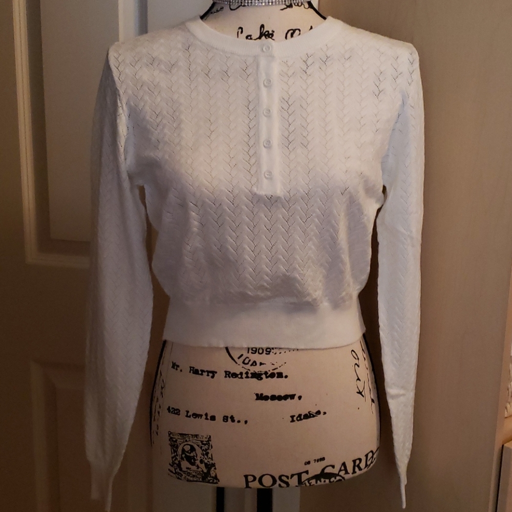 Button Down White Cropped Sweater Juniors Jrs L